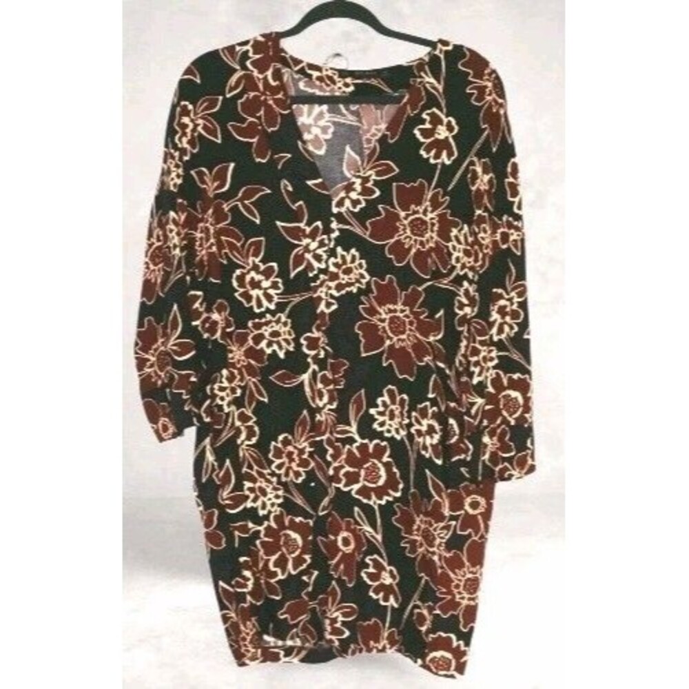 Zara Floral Mini Dress XS Black Red Long Sleeve V-Neck Boho Oversized